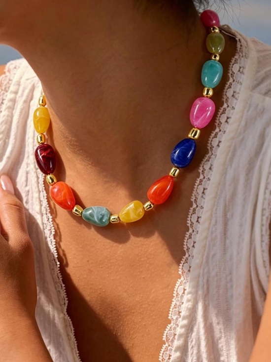Anthropologie Jewelry - Anthropologie Multicolor Resin Teardrop Necklace with Gold Beads